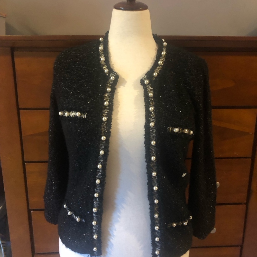 Love Token Black Tweed Pearl-Trim Open Front Jacket